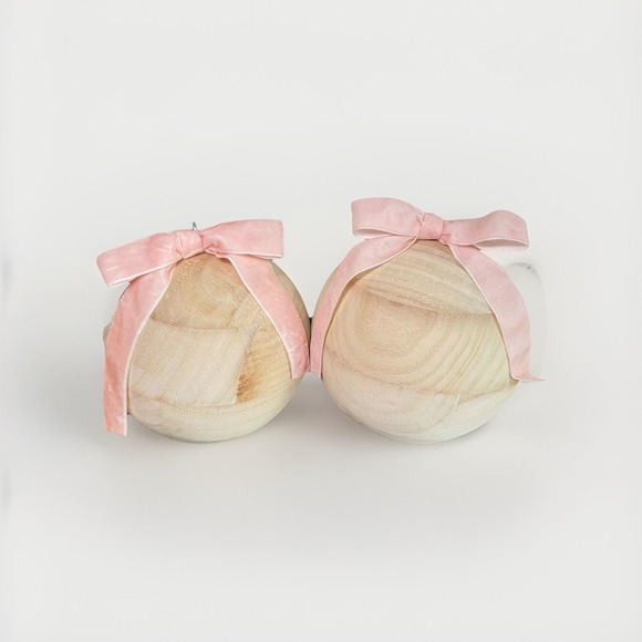 7" Pair of Natural Wood Round Ornaments w/ Pink Velvet Bows Rustic Holiday Decor - Picture 1 of 6